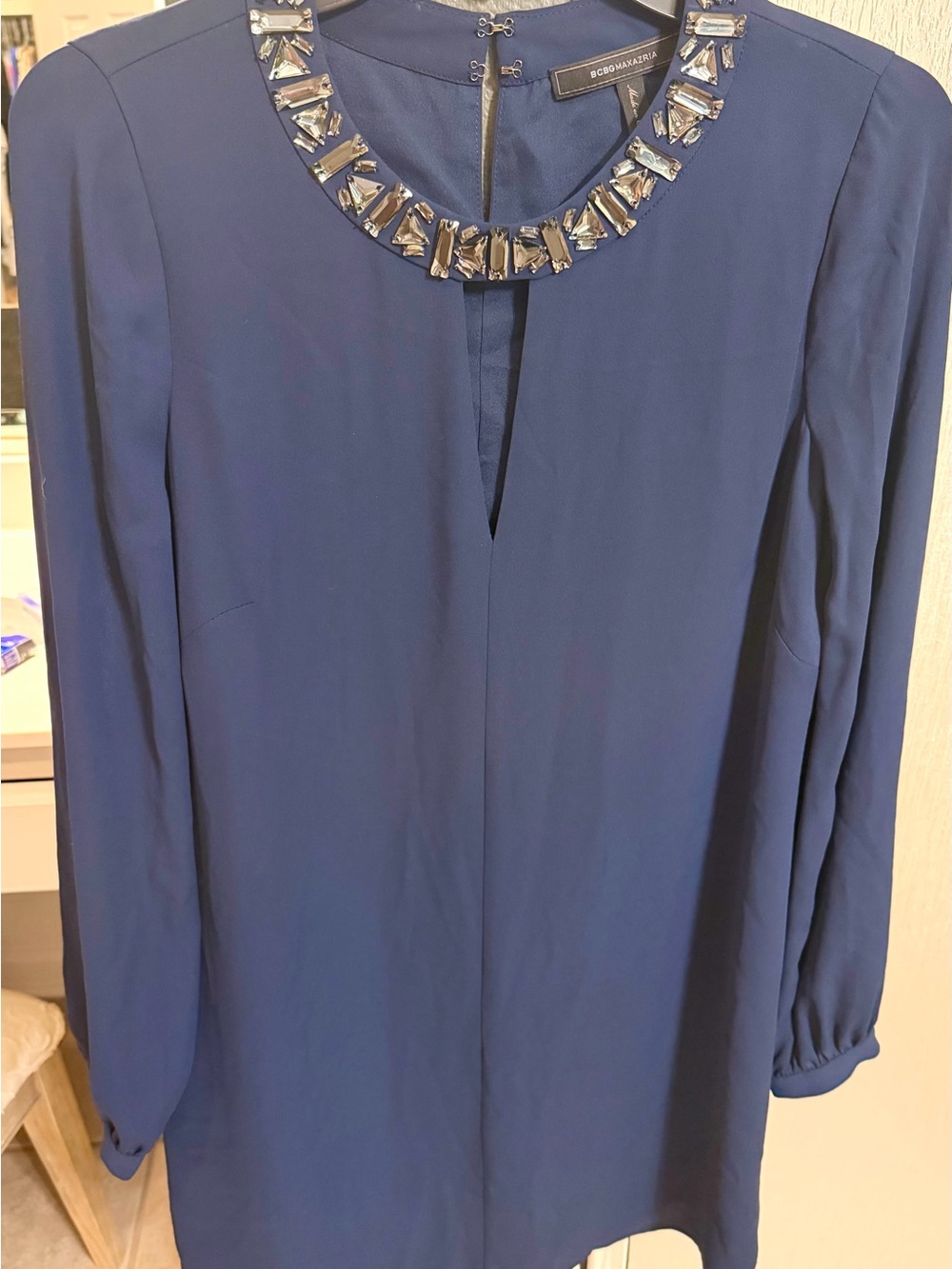 BCBGMaxAzria Navy Long-Sleeve Dress with Jeweled Collar